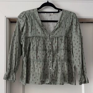 Baybala Sage Green Floral Button-Front Peasant Blouse